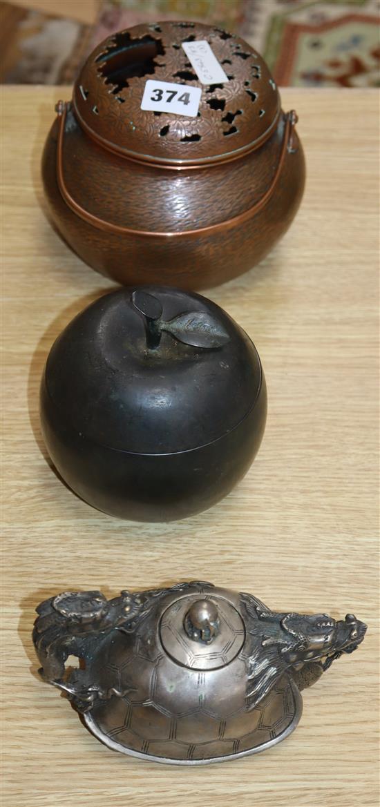 A Japanese incense burner and two items of metalware